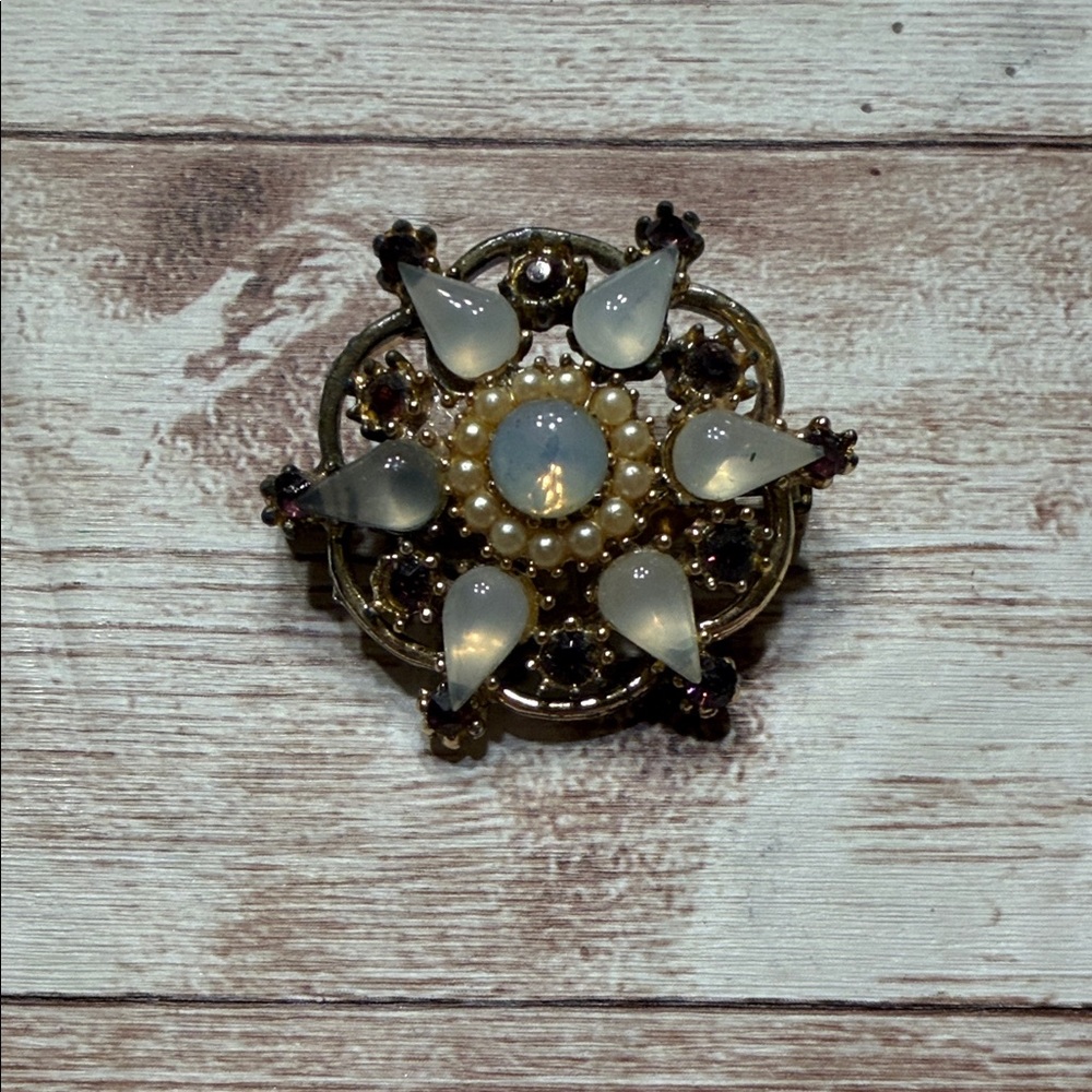 Vintage Gold Brooch Faux Pearls, Purple Amethyst Gems & Teardrop Opaline Accents
